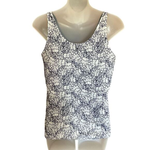 Loft Ann Taylor Blouse Tank Top Round Neck Blue White Lined 3 Button Front XS - Picture 2 of 12